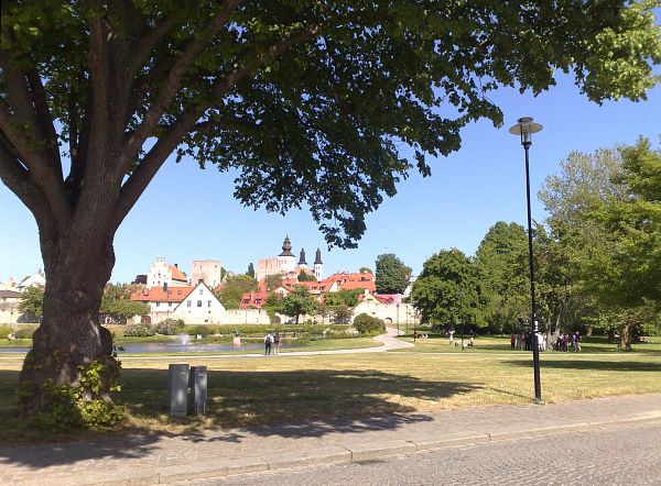 This is Almadalen, a park right outside the university. It once was the medieval harbor, but has since been filled in. View of Almadalen Park, Visby.